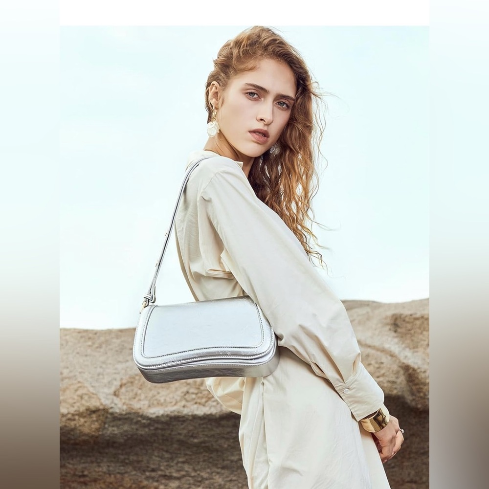 Small Shoulder Bag, Women Leather Handbag Clutch Purse silver